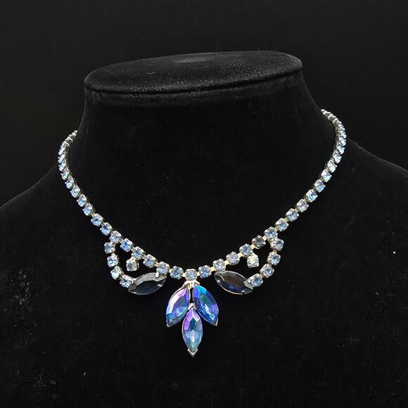 Blue Rhinestone Necklace Aurora Borealis Vintage Glam Jewelry - Picture 2 of 9